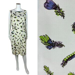 Vintage 50s Feather Dress Women's Medium Novelty Print Sheath Feminine Wiggle